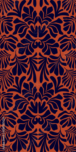 Terracotta brown abstract background with tropical palm leaves in Matisse style. Vector seamless pattern with Scandinavian cut out elements.