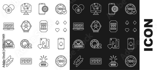 Set line Casino chips, Online poker table game, Playing cards, Lucky wheel, slot machine with lucky sevens jackpot, Billiard pool snooker 8 ball and Slot icon. Vector