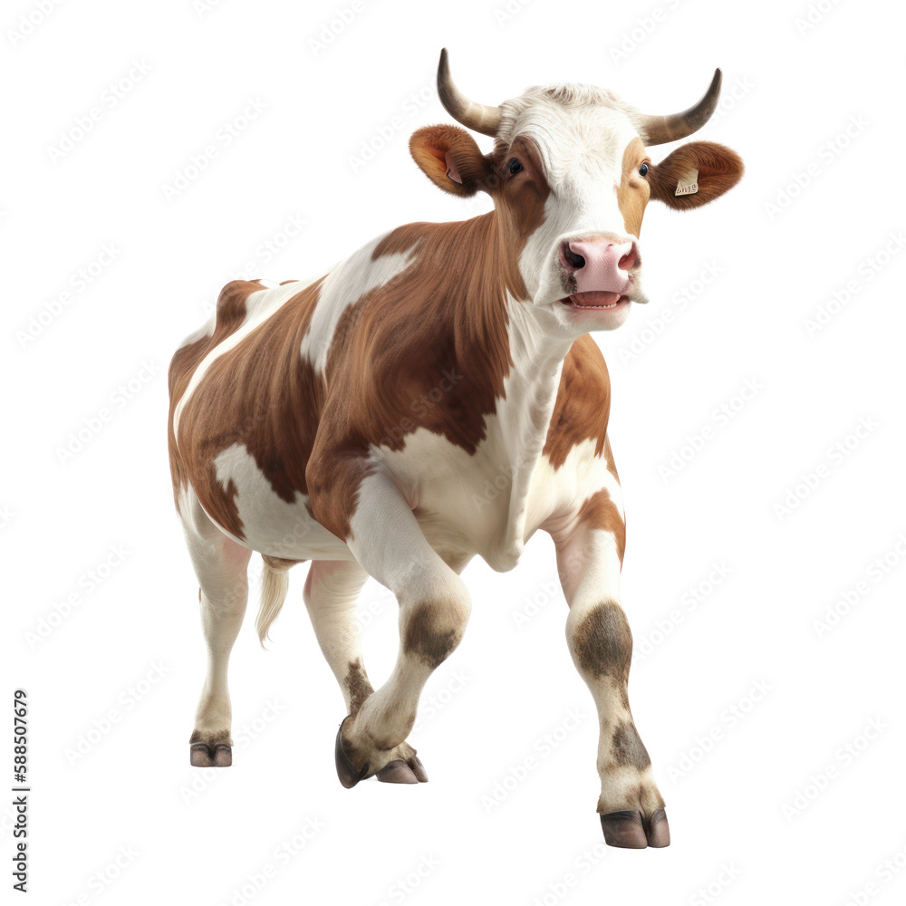 Happy smiling cow jumping, isolated background. Generative AI