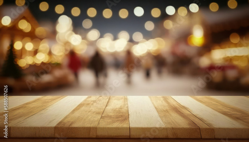 Empty wood table top for product display with blur luxury Christmas market background. generative AI
