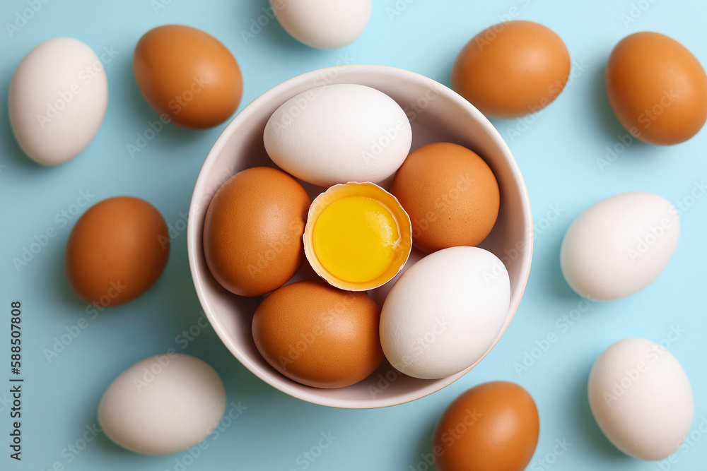 fresh farm chicken eggs on a colored background fresh farm chicken eggs on a colored background