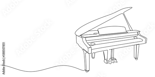 Continuous line drawing piano isolated on white background. Acoustic musical instrument pianoforte in one line art drawing. Piano minimal contour illustration. Vector