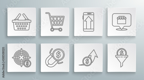 Set line Target with dollar symbol, Shopping cart, Magnet money, Financial growth and coin, Lead management, Smartphone, mobile phone, Online shopping concept and basket icon. Vector