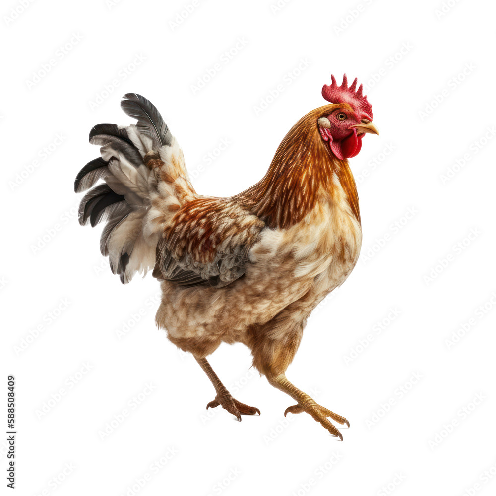 Fototapeta premium Happy chicken jumping, isolated background. Generative AI