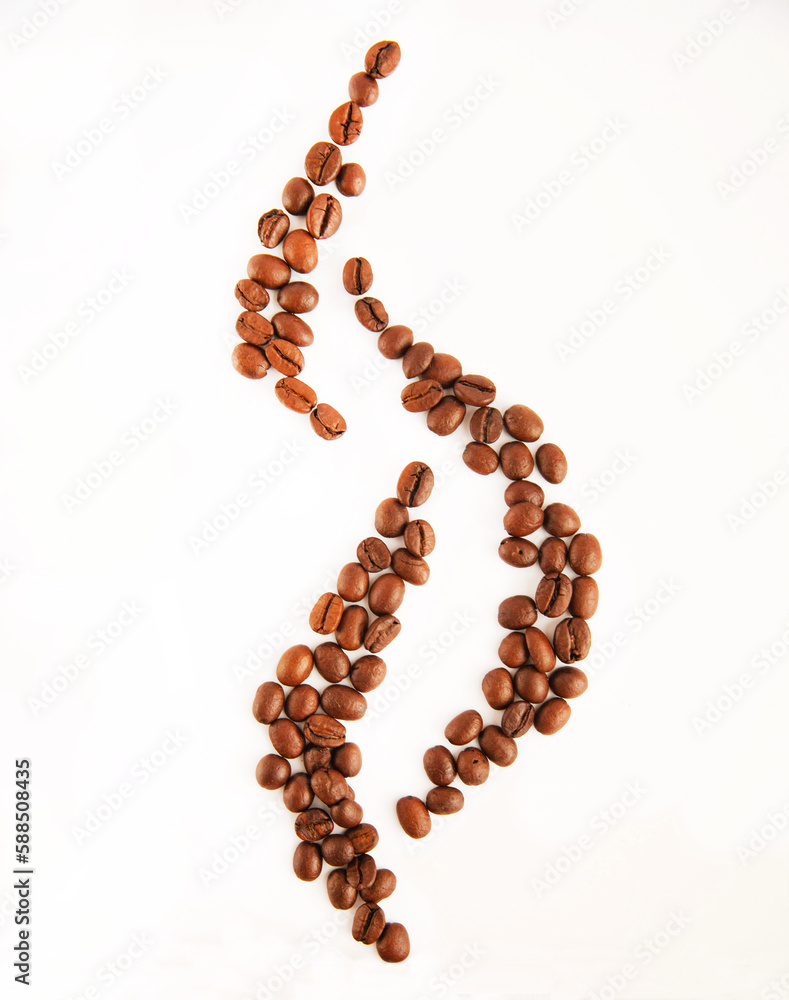 Roasted coffee beans on a white background, close-up. The concept of steaming hot coffee. Roasted coffee beans on a white background, close-up. The concept of steaming hot coffee.