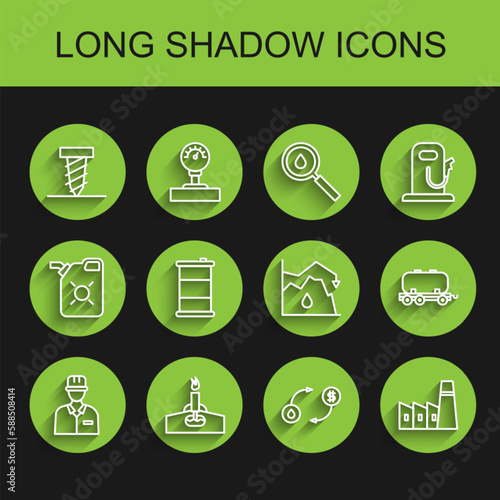 Set line Oilman, rig with fire, Rotating drill digging hole, exchange, industrial factory building, Barrel oil, railway cistern and Drop crude price icon. Vector