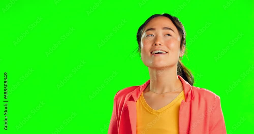 Green screen, mockup and Asian woman looking in a studio for marketing, advertising or product placement. Happy, smile and female model with a wondering face expression by a chroma key background. Green screen, mockup and Asian woman looking in a studio for marketing, advertising or product placement. Happy, smile and female model with a wondering face expression by a chroma key background.