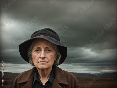 Dramatic portrait of an elderly woman, late autumn landscape as background, dark sky with storm clouds. Generative AI. © soleg