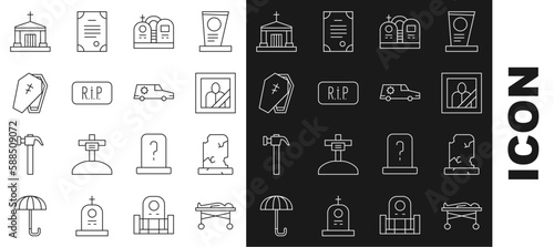 Set line Dead body in the morgue, Old grave with tombstone, Mourning photo frame, Grave, Speech bubble rip death, Coffin cross, crypt and Hearse car icon. Vector