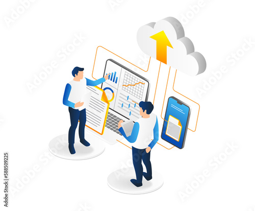 Isometric data analytics cloud computing data analysis data analytics cloud computing data analysis business analytics. Vector illustration