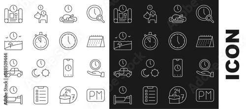 Set line Day time, Clock, Calendar, Food, Stopwatch, Vacation, Project plan and icon. Vector