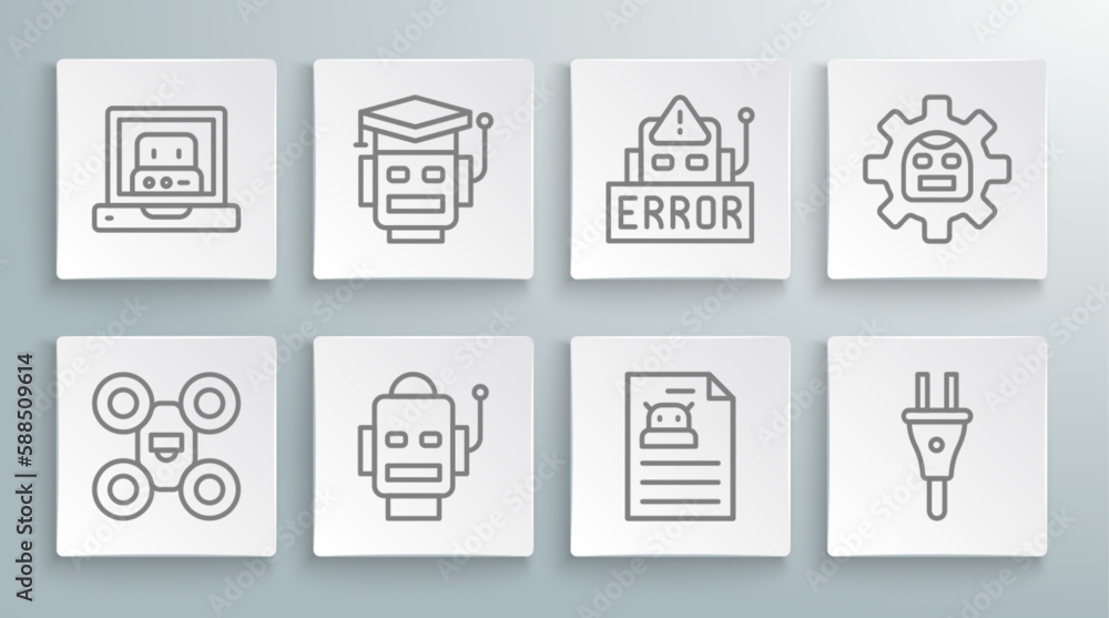 Set line Drone, Robot, Technical specification, Electric plug, Error in robot, and Creating icon. Vector Set line Drone, Robot, Technical specification, Electric plug, Error in robot, and Creating icon. Vector