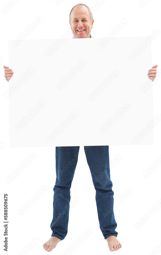 Mature man smiling at camera and holding card Mature man smiling at camera and holding card