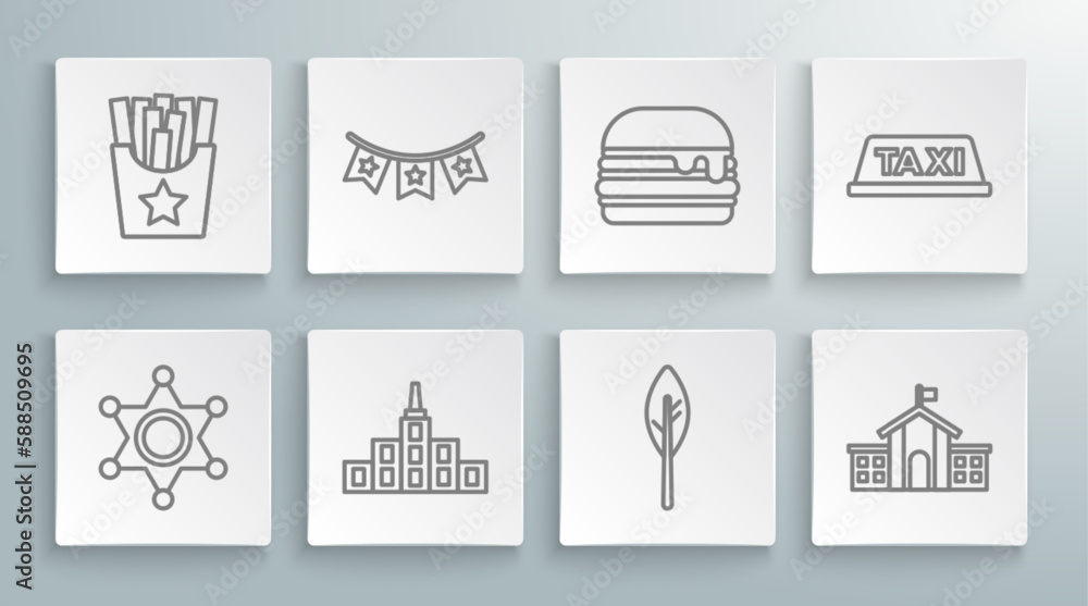 Set line Hexagram sheriff, Carnival garland with flags, City landscape, Indian feather, United States Capitol Congress, Burger, Taxi car roof and Potatoes french fries in box icon. Vector Set line Hexagram sheriff, Carnival garland with flags, City landscape, Indian feather, United States Capitol Congress, Burger, Taxi car roof and Potatoes french fries in box icon. Vector