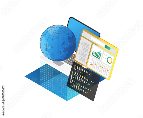 Flat isometric illustration concept of web analytics data analysis SEO optimization.