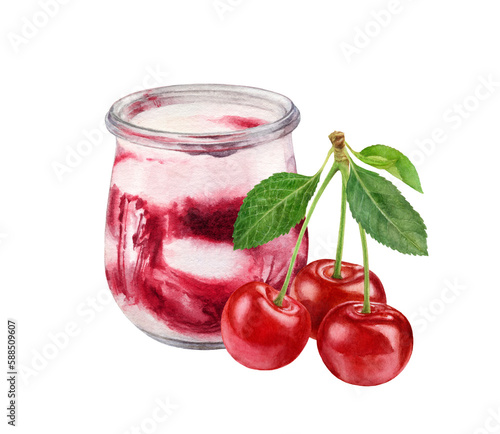 Wallpaper Mural Watercolor illustration of yogurt with cherry isolated on white background. White chocolate mousse cherry jam in a glass. Torontodigital.ca
