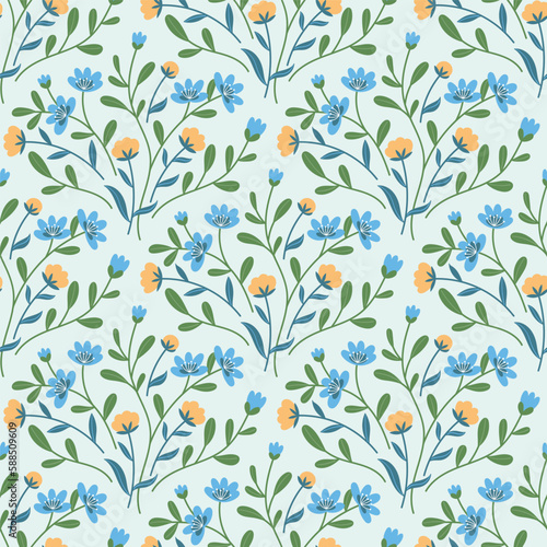 Seamless pattern with wild flowers and leaves. Pastel palette. Flat style.