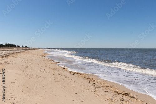 I loved the look of this beach as the waves battered the shore. The whitecaps of the waves make it look rough. The beautiful blue sky with no clouds in site make this look like a beautiful summer day.