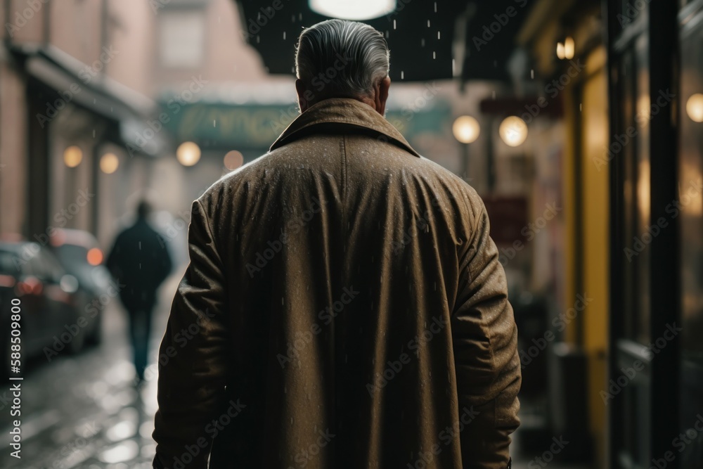 Back view man walking at rain, selective focus. AI generated, human enhanced Back view man walking at rain, selective focus. AI generated, human enhanced