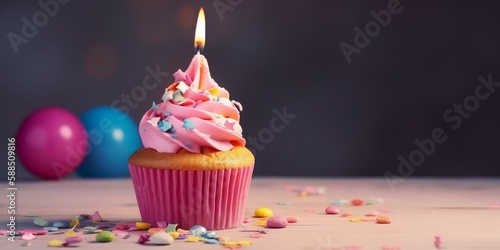 Birthday Cupcake With Candle And Pink Decoration. AI generated, human enhanced.