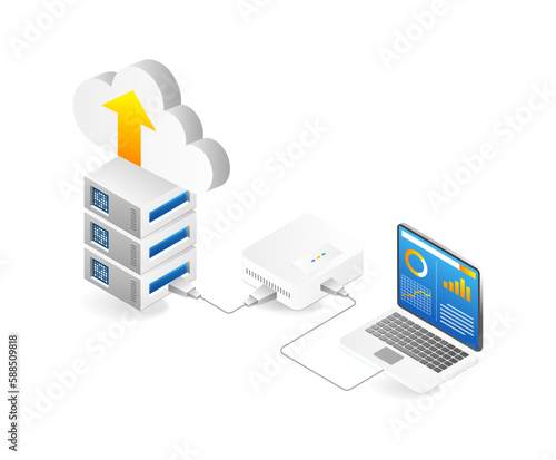 Cloud computing isometric concept. Server tablet laptop and cloud computing icon.