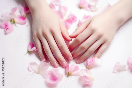 Close-up of beautiful female hands with flowers. The concept of hand care anti-aging cream and spa. AI generated © top images
