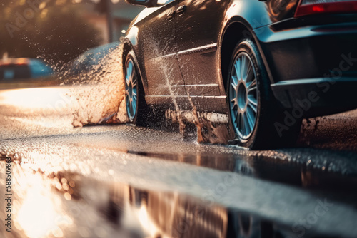 Splashes and underside of a car wheel with selective focus and blurred background. AI generated, human enhanced.