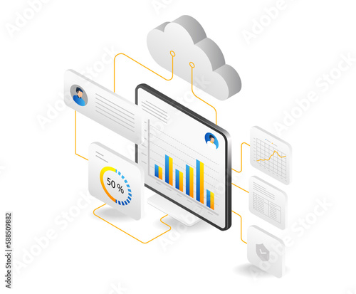 Isometric flat design concept of cloud computing and data analysis. Vector illustration.