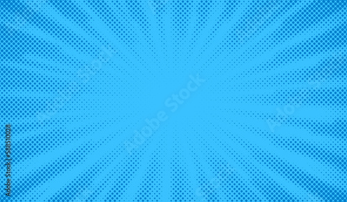 Blue comics background. Abstract lines backdrop. Bright sunrays. Design frames for title book. Texture explosive polka. Beam action. Pattern motion flash. Rectangle fast boom. Vector illustration