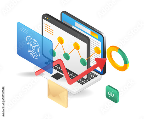 Isometric flat design concept of mobile app and fingerprint. Vector illustration