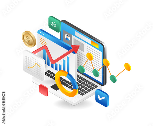 Flat 3d isometric design concept of online analytics data analysis financial reporteting research business strategy.