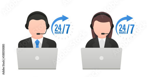 Support service. 24/7 call center support. Call center operator. Customer service charter. Customer service and communication. Сustomer service 24 7.Vector illustration