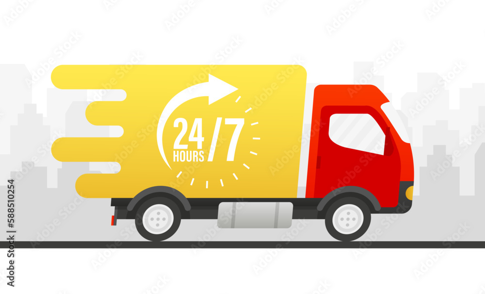 Delivery of fast delivery truck with times. Online delivery service. Express delivery, fast moving. 24-7 service concept. 24-7 express delivery concept. Vector illustration