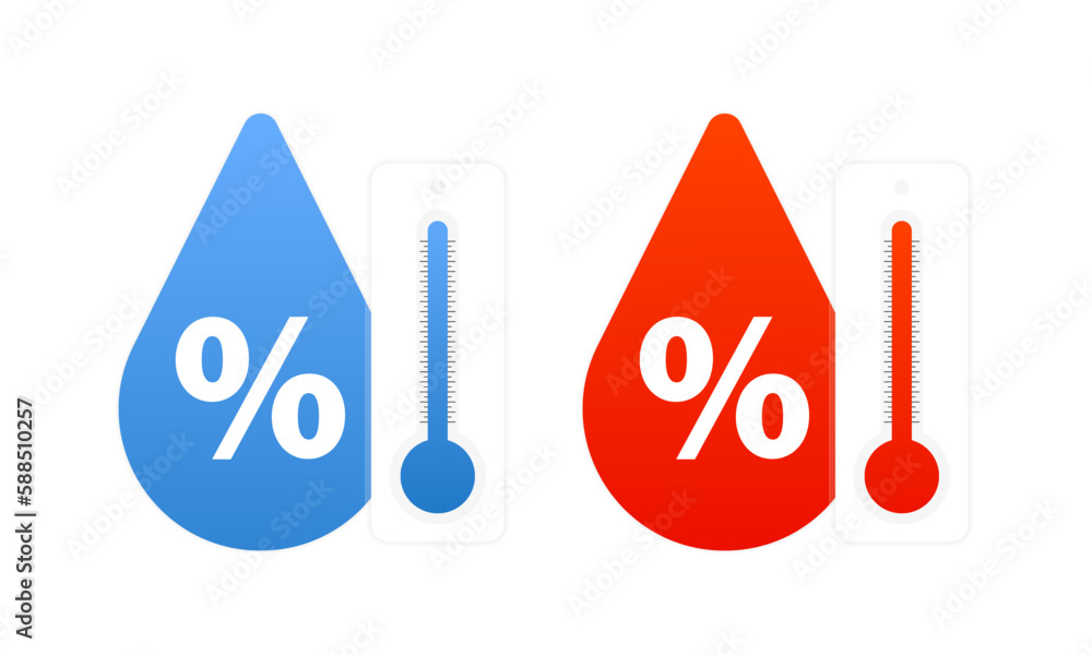 Humidity icon. Water rate. Drop of water with percent. Percentage and water temperature. White background with shadow design. Vector illustration Humidity icon. Water rate. Drop of water with percent. Percentage and water temperature. White background with shadow design. Vector illustration