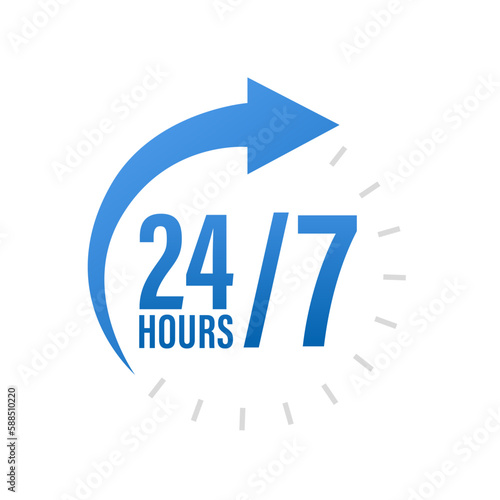 24-7 service concept. 24-7 open. Support service icon. 24 Hours a day service icon. 24 hours a day and 7 days a week. Vector illustration