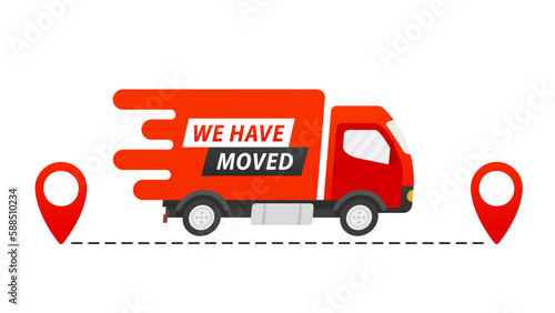 We have moved icon. Relocation. Changed address. GPS guide. Geotag. Delivery by fast truck on time. Flat design. Vector illustration