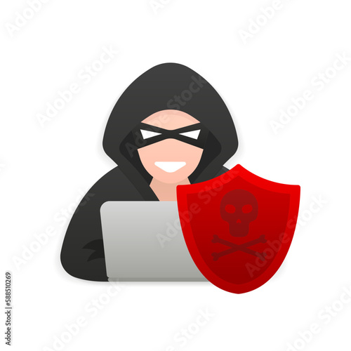 Hacker, Cyber criminal with laptop stealing user personal data. Hacker attack and web security. Internet phishing concept. Hacker in black hood with laptop. Cyber attack. Vector illustration