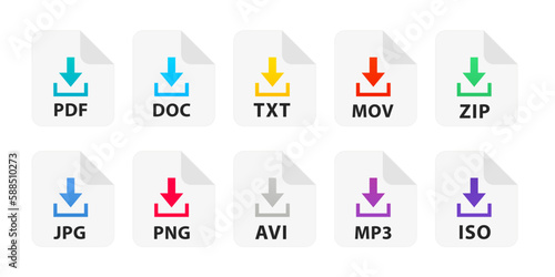 Different file format download icons. Download buttons for website or app. File format extensions icons. Document file. PDF, MP3, TXT, DOC, ZIP, JPG, PSD, AVI, MOV, PNG, ISO. Vector illustration