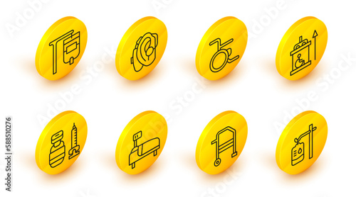 Set line IV bag, Walker, Hospital bed, Syringe, Elevator for disabled, Wheelchair, Hearing aid and icon. Vector