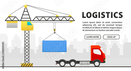 Crane lifts with cargo container. Industrial crane hook. Truck. Freight Shipping concept. Freight transport and logistics concept. On the background of the city. Vector illustration