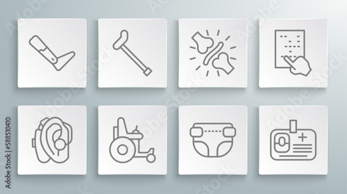 Set line Hearing aid, Walking stick cane, Electric wheelchair, Adult diaper, Identification badge, Joint pain, knee pain, Braille and Prosthesis leg icon. Vector