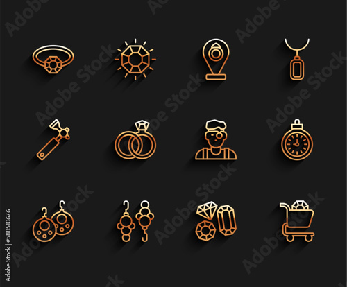 Set line Earrings, Diamond engagement, Gem stone, Jewelry online shopping, Wedding, Pocket watch and Jeweler man icon. Vector