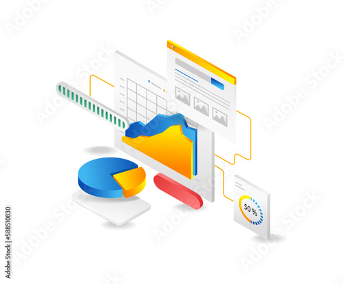 Isometric web analytics concept. Data analysis. Data analysis. Vector illustration.