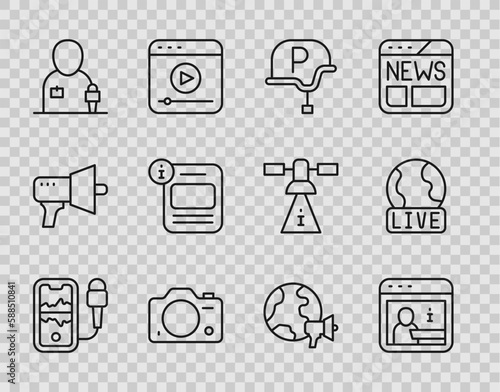 Set line Mobile recording, Information, War journalist, Photo camera, Journalist news, World and Live report icon. Vector