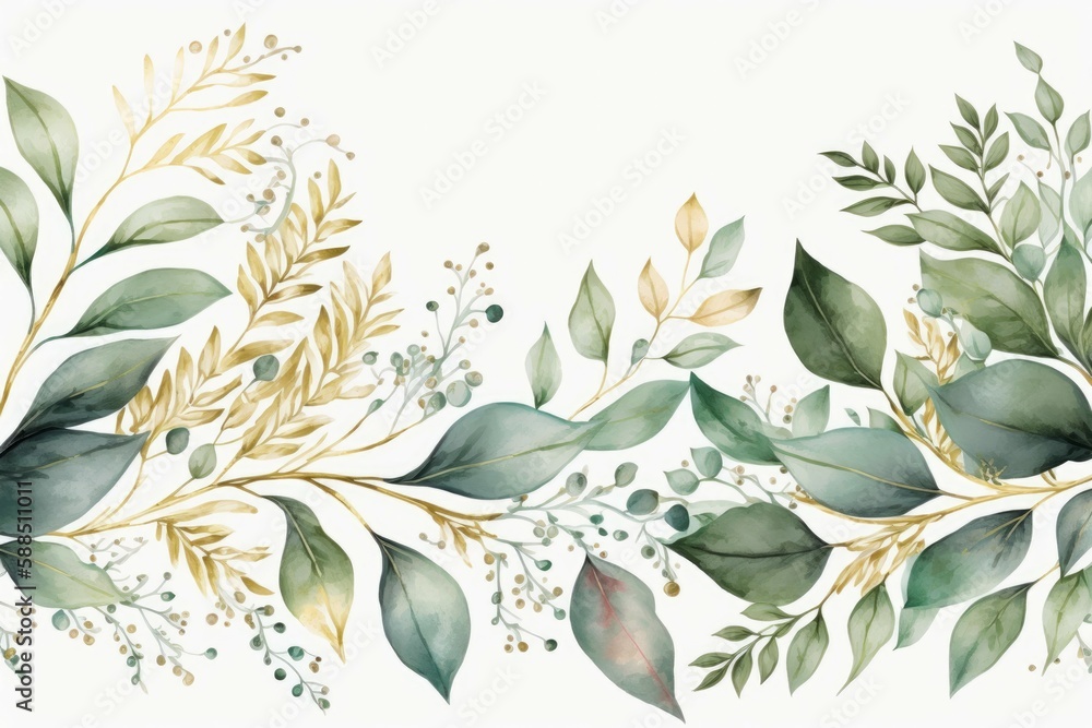 Watercolor illustration with green leaves. AI generated, human enhanced
