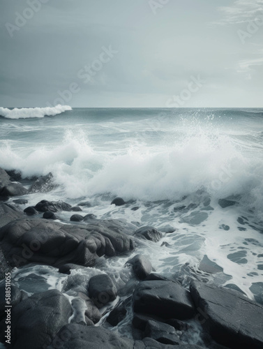 Foamy white waves rolling onto a rocky shoreline.. AI generation.