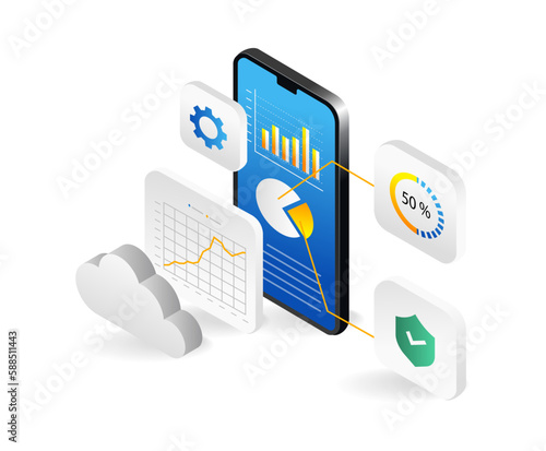 Isometric design concept of mobile app development, cloud computing, big data analytics. Vector illustration