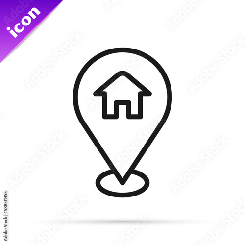 Black line Map pointer with house icon isolated on white background. Home location marker symbol. Vector