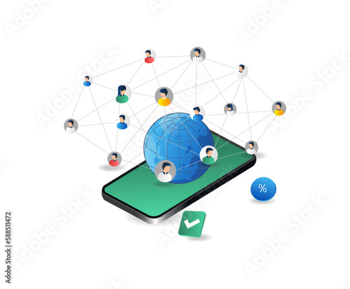 Smartphone with social network and people. Isometric vector illustration.