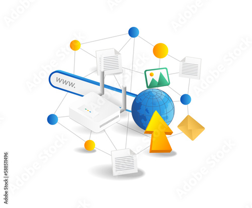 Internet connection concept. Isometric 3d vector illustration. Network internet data cloud computing.